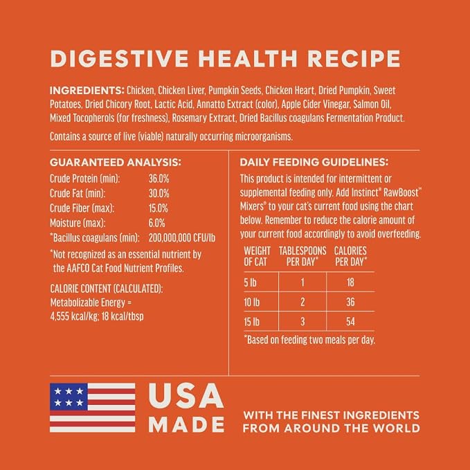 Instinct Raw Boost Mixers, Freeze Dried Cat Food Toppers with Functional Ingredients, Grain Free, Real Chicken - Digestive Health, 5.5 oz Bag