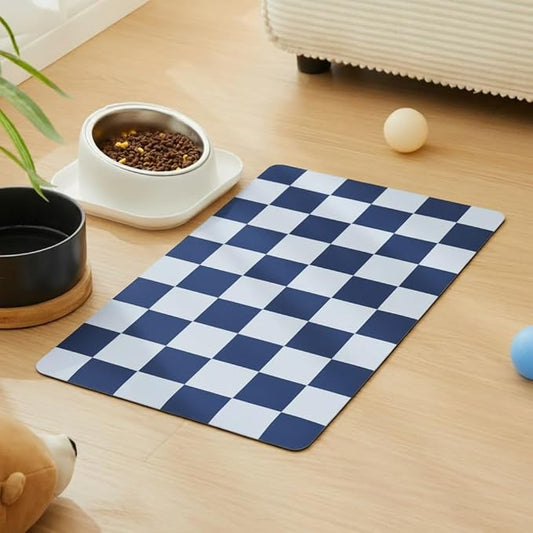 Checkered Dog Feeding Mat, Absorbent Mats for Dog Food and Water Bowl, Dispenser, Retro Aesthetic Navy Blue Checkerboard Pet Placemat for Dogs, Cats, Puppy Accessories, 24" X 16”