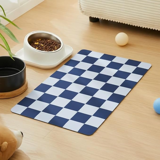 Checkered Dog Feeding Mat, Absorbent Mats for Dog Food and Water Bowl, Dispenser, Retro Aesthetic Navy Blue Checkerboard Pet Placemat for Dogs, Cats, Puppy Accessories, 12" X 19”