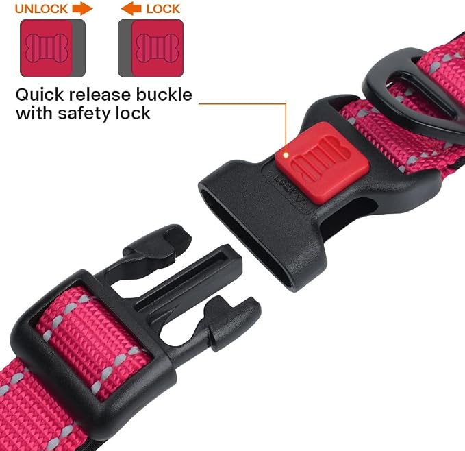 Taglory Reflective Dog Collar for Extra Large Dogs, Soft Neoprene Padded with Escape-Proof Locking Buckle, Upgraded Zinc Alloy Ring, Adjustable for Daily Walking, Hptpink,XL