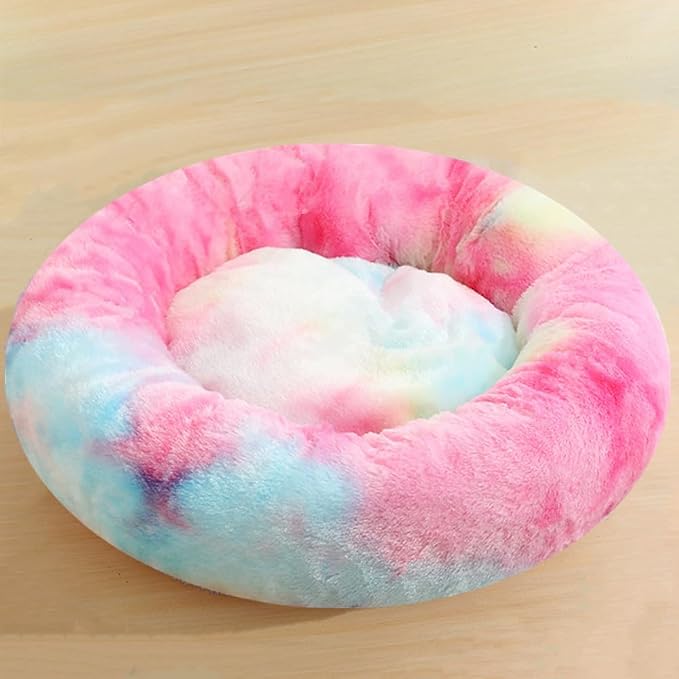 Calming Donut Dog Bed, 47 Inch Round Fluffy Dogs Beds for Extra Large Dogs, Anti-Anxiety Donut Cuddler Cat Bed with Anti-Slip Bottom, Fluffy Faux Fur Washable Pet Beds, Rainbow