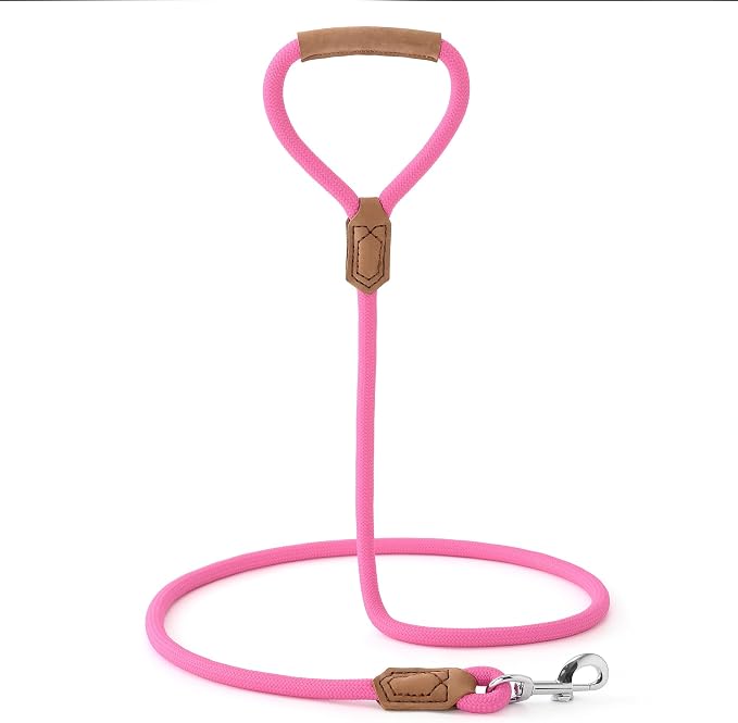Mile High Life Leather Dog Leash, Heavy Duty Strong Genuine Leather Handle Rope Leash Soft and Comfortable for Small Medium Large Dogs (Hot Pink, 72 Inch)