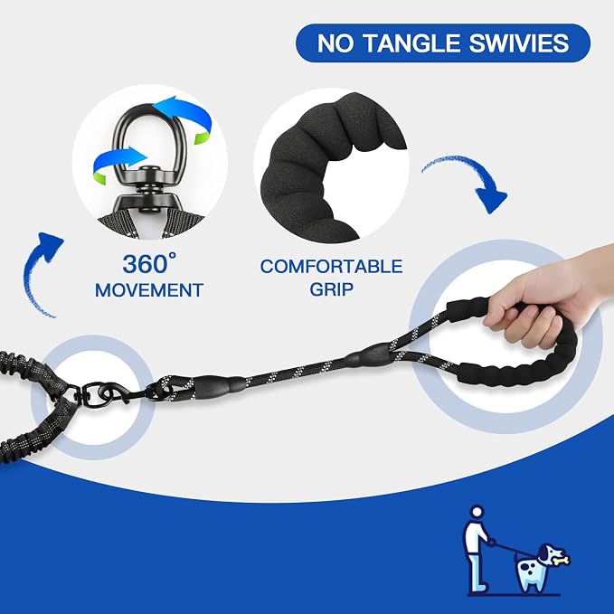 MingXpets Double Dog Leash, Dual Dog Leash, 360° Swivel Tangle Free Bungee Walking Training for Large Medium Dogs, Shock Absorbing Bungee Reflective for Two Dogs, 18~120 lbs, Black