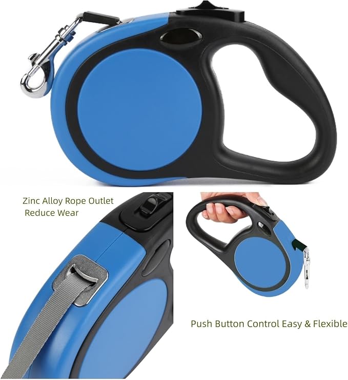 Dual Retractable Dog Leash for Large Dogs (Up to 110 Lbs Each) - Double Headed 18.5 ft Extendable Pet Leash with Poop Bags, Non Slip Grip - One Button Break & Lock, 360 Tangle-Free (Blue, Large)