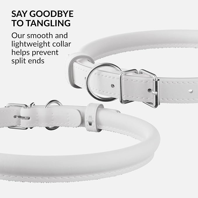 CollarDirect Rolled Leather Dog Collar, Soft Padded Round Puppy Collar, Handmade Genuine Leather Collar Dog Small Large Cat Collars 13 Colors (12-15 Inch, White Smooth)