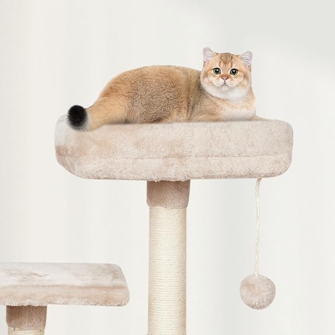 Cute Cat Tree Tower for Indoor Cat Tower with Scratching Post Modern Activity House Hammock Hanging Ball Condo with Board Beige