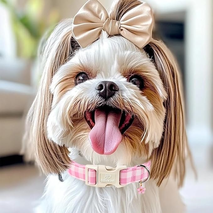 Girl Dog Collar Pink Gingham Dog Collars for Large Dogs - Lightweight Adjustable Spring/Summer Plaid Male Female Dogs Everyday Collar with Safety Buckle L