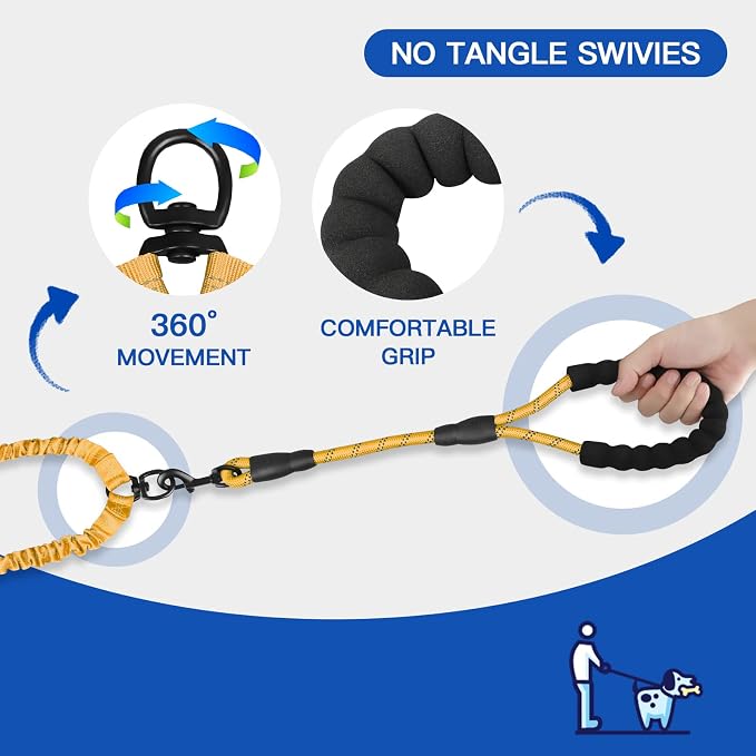 MingXpets Double Dog Leash, Dual Dog Leash, 360° Swivel Tangle Free Bungee Walking Training for Large Medium Dogs, Shock Absorbing Bungee Reflective for Two Dogs, 18~120 lbs, Yellow