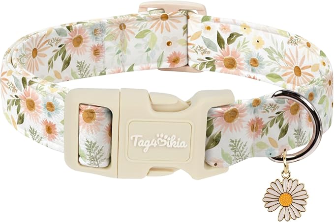 Floral Dog Collar, Spring Summer Cute Daisy Print for Small Medium Large Dogs, Cotton Puppy Collar with Adjustable Buckle, Girl Female Dog Collars for Gifts & Daily Use-M
