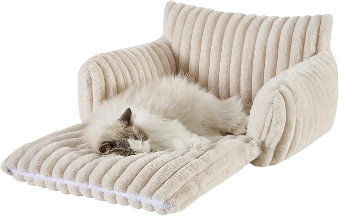 Hollypet Cat Bed Fluffy Plush Multifunctional Double-Layer Machine Washable Soft Warming Kitty Pet Couch Orthopedic Nest Beds for Small Cats Kitten and Dogs up to 13lbs, Cream(25x20x13 inch)