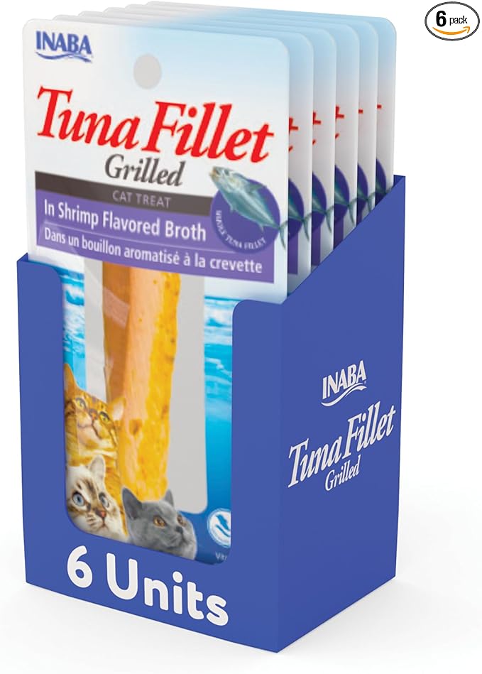 INABA Premium Hand-Cut Grilled Tuna Fillet Cat Treats/Topper with Vitamin E and Green Tea Extract, 0.52oz. Each, Pack of 6, Shrimp Broth
