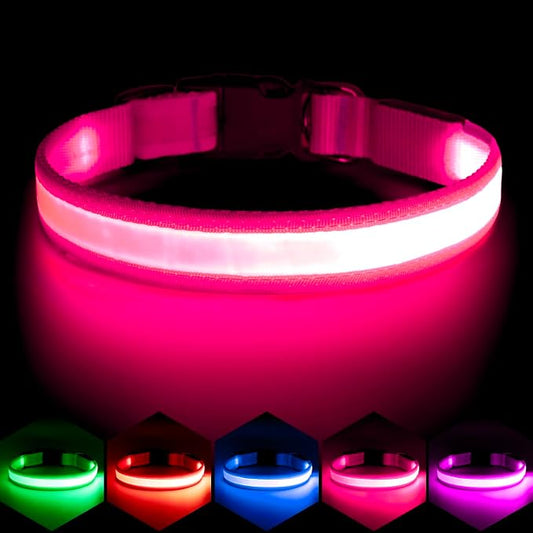 Vizpet LED Dog Collar, Light Up Dog Collar Adjustable USB Rechargeable Super Bright Safety Light Glowing Collars for Dogs (Small, Pink)