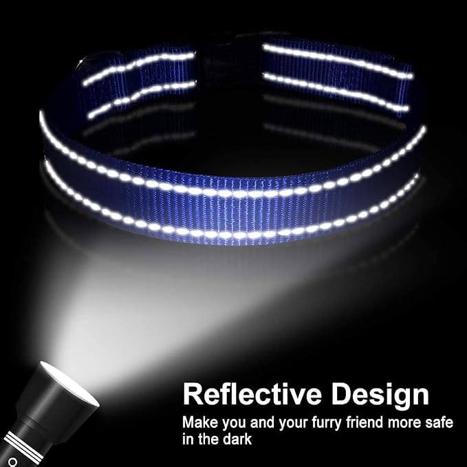 FunTags Length 10" - 16" Reflective Navy Blue Dog Collar for Small Dogs – Night Walking & Training Safety, Durable Quick Release Buckle, Nylon, Comfortable Adjustable, Width 3/4"