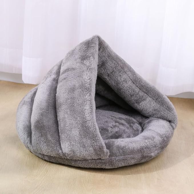 Pet Tent Cave Bed for Small-Medium Dogs & Cats – Thick Fleece Warm Burrow House with Removable Hood | Cozy Igloo Nest for Puppies & Kittens – Soft Cuddler Sleeping Bag(Gray)