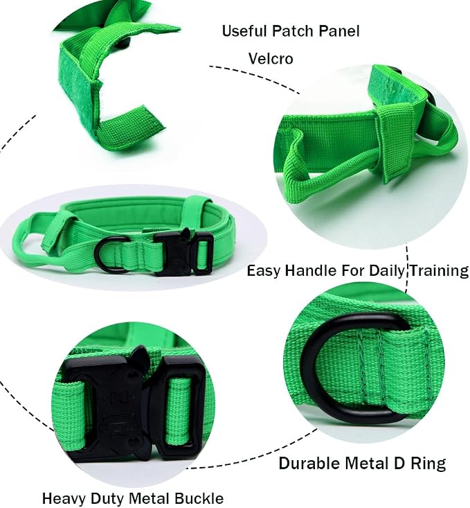Tactical Dog Collar - Military Dog Collar - Adjustable Nylon - Heavy Duty Metal Buckle with Handle - Bright Green, Medium