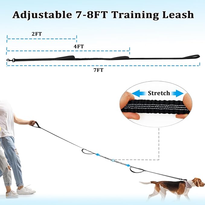 WYuZe 3 Handle Dog Leash for Medium Large Dogs - 7FT Reflective, Shock Absorbing Bungee, Heavy Duty Training Leash with Triple Padded Traffic Handles, Black