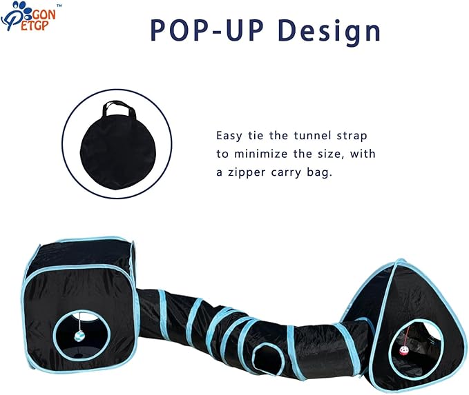 GONPETGP Cat Tunnels for Indoor Cats with Cube Tent Toys Combo, Pop Up Collapsible Crinkle Interactive Peek Hole, Cat Tube with Play Ball and Bell for Kitten, Puppy, Kitty, Rabbit - Set of 3