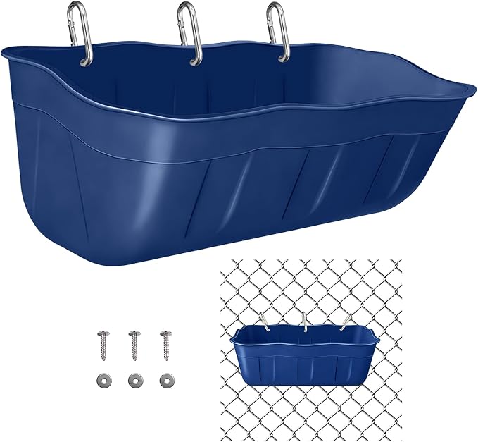 Hanging Goat Feeders,Chicken Feeder Waterer,Large Feed Trough 7.5 Quart 1 Pack,Hanging Fence Feed Trough for Poultry Livestock,Blue