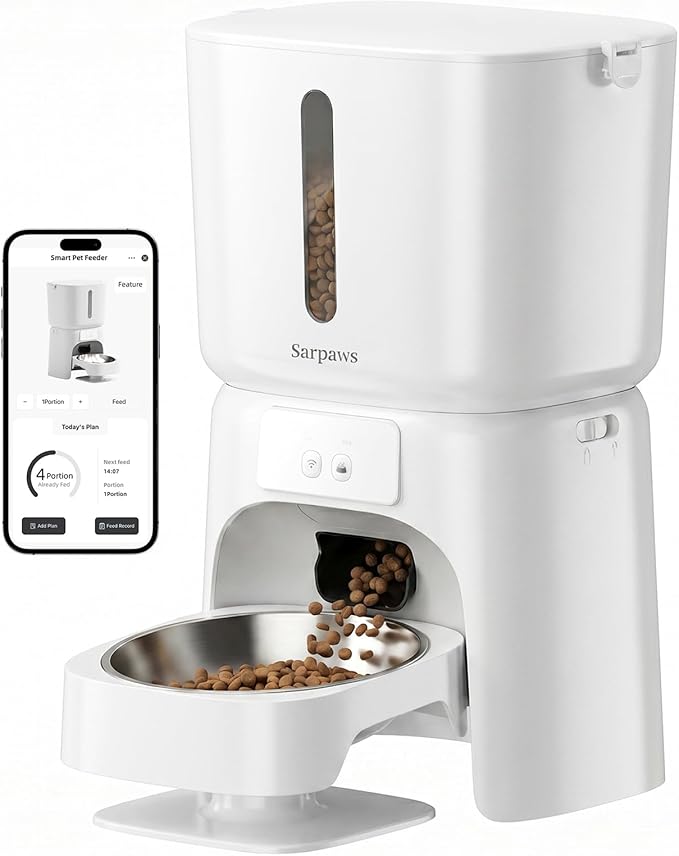 SARPAWS Automatic Cat Feeder, 6L WiFi Smart Pet Food Dispenser with App Control, Elevated 5° Slanted Stainless Steel Bowl, Timed Feeding for Cats and Dogs, Voice Recorder, Dual Power Supply