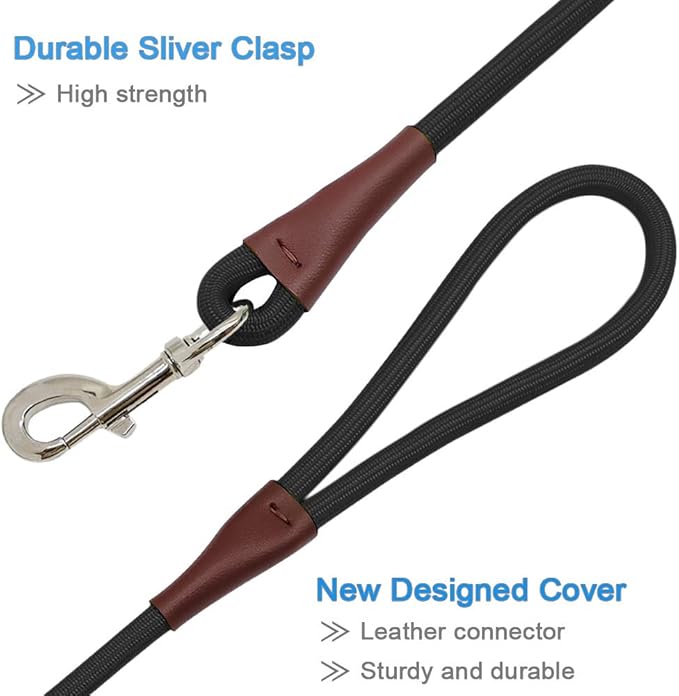 MayPaw 4/6 /8/10 FT Dog Leash, Classic Solid Colors, Strong Nylon Rope Dog Leash Reinforced with Leather Tailor Connection Heavy Duty Silver Clasp (Black, 8ft*1/2")