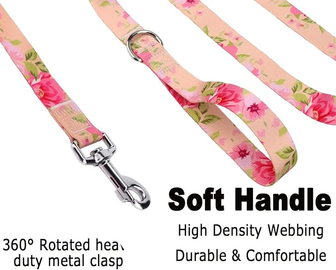 Mihqy Dog Collar and Leash Set with Bohemia Floral Tribal Geometric Patterns - Soft Ethnic Style Collar Adjustable for Small Medium Large Dogs(Pink Rose Set,L)
