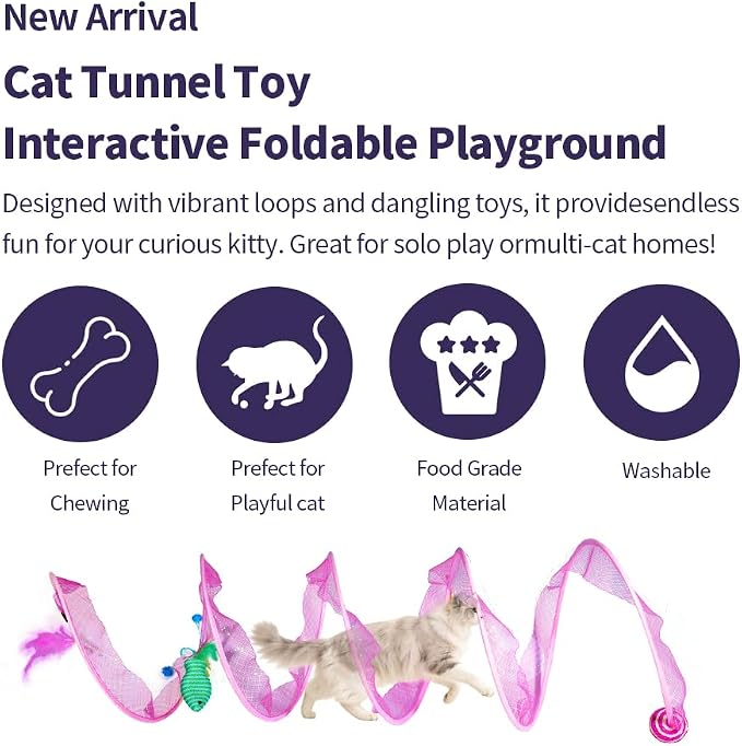 Cat Tunnel with Hanging Toys, Cat Toys Kitten Toys Assorted, Indoor Activity Center for Cats and Kittens, 10 x 22 inches (Pink)