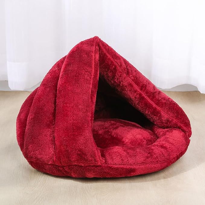 Pet Tent Cave Bed for Small-Medium Dogs & Cats – Thick Fleece Warm Burrow House with Removable Hood | Cozy Igloo Nest for Puppies & Kittens – Soft Cuddler Sleeping Bag(Red)