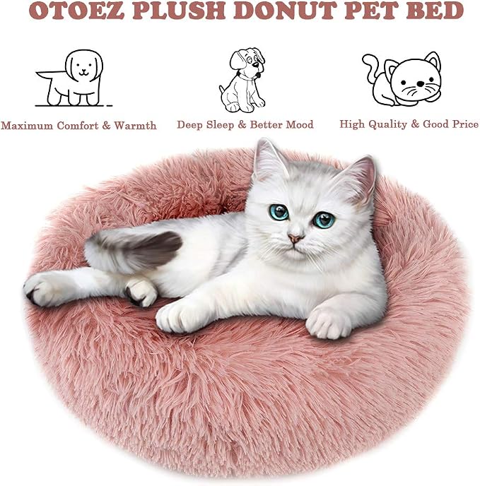 otoez Kitten Puppy Bed Extra Small XS Round Dog Cat Beds Anti Anxiety Plush Pet Calming Donut Bed with Non-Slip Waterproof Bottom, Washable (15.7", Pink)