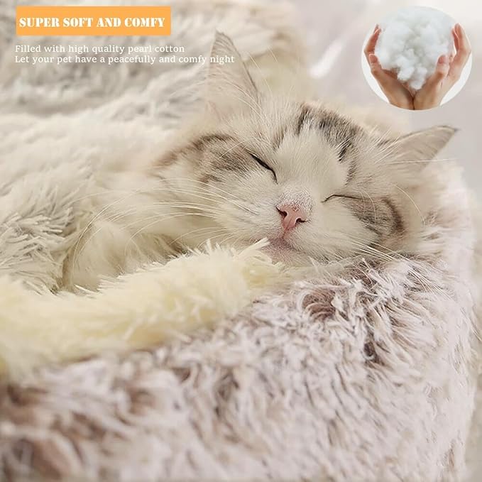 ZaneSun Calming Round Dog Bed & Cat Cave with Hooded Cover, Plush Fluffy Anti-Anxiety Cat Bed, Waterproof Bottom Washable (Coffee, 20x20inch)