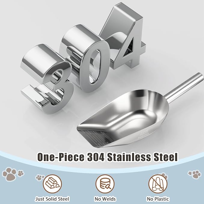 Dog-Cat Food Scoop 3/4 Cup, SSyang Thickened 304 Stainless Steel Pet Food Scoop with Long Handle, Precision Scale, Easy to Clean, Suitable for Wet and Dry Food