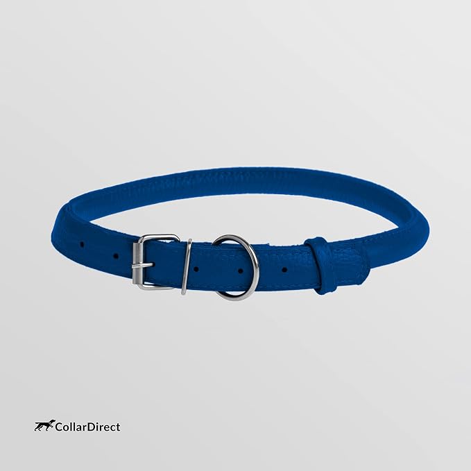 CollarDirect Rolled Leather Dog Collar, Soft Padded Round Puppy Collar, Handmade Genuine Leather Collar Dog Small Large Cat Collars 13 Colors (8-11 Inch, Deep Blue Textured)
