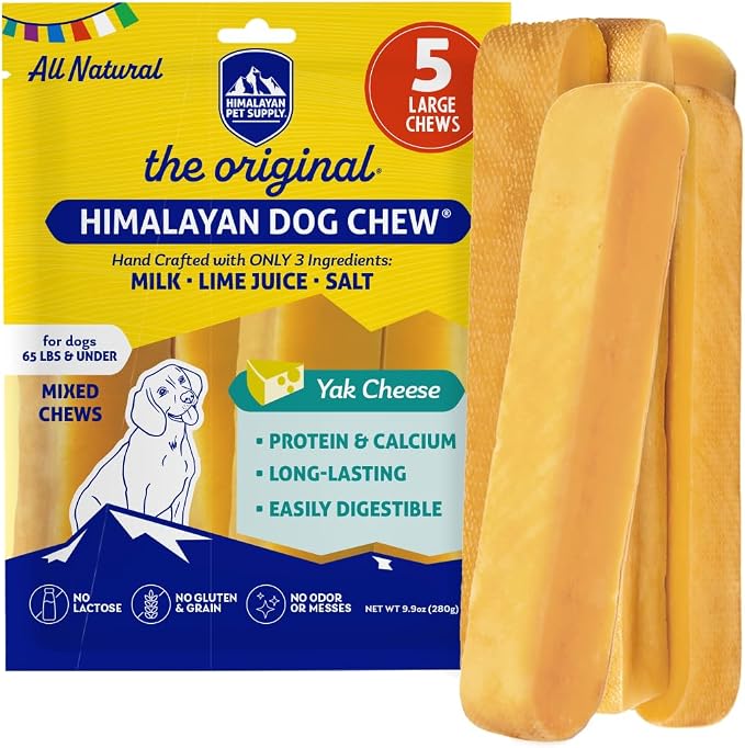 Himalayan Dog Chew Original Yak Cheese Dog Chews, The Better-For-You Chew, 100% Natural, Long Lasting, Healthy Safe Dog Treats, Lactose & Grain Free, Protein Rich, For Dogs 65 Lbs & Smaller, 5-Count