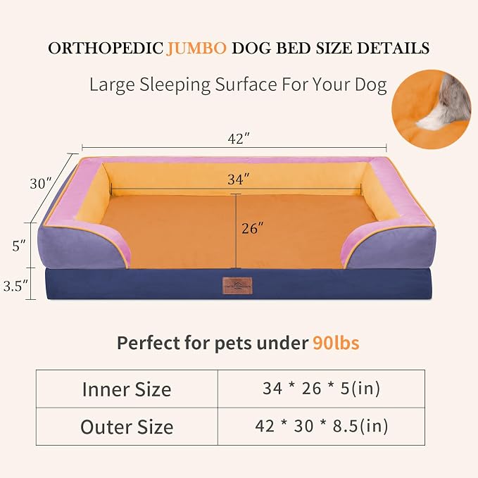 Comfort Expression Orthopedic Dog Bed for Extra Large Dogs 42x30 Inch, Waterproof Egg Crate Foam XL Pet Bed with Bolsters, Dog Couch with Washable Cover & Non-Slip Bottom, Orange Breeze