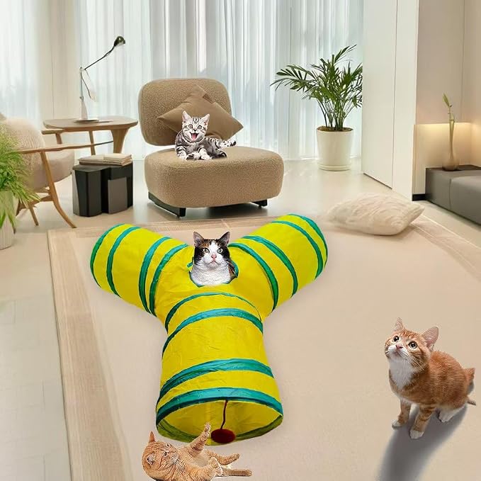 Cat Tunnel Tube Toys，Tunnels for Indoor Cats, Collapsible Interactive Toy with Balls for Rabbits, Kittens, Ferrets, Puppy (3 Way Yellow Green)