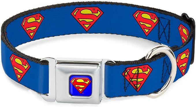 Buckle-Down Dog Collar Seatbelt Buckle Superman Shield Blue 16 to 23 Inches 1.5 Inch Wide