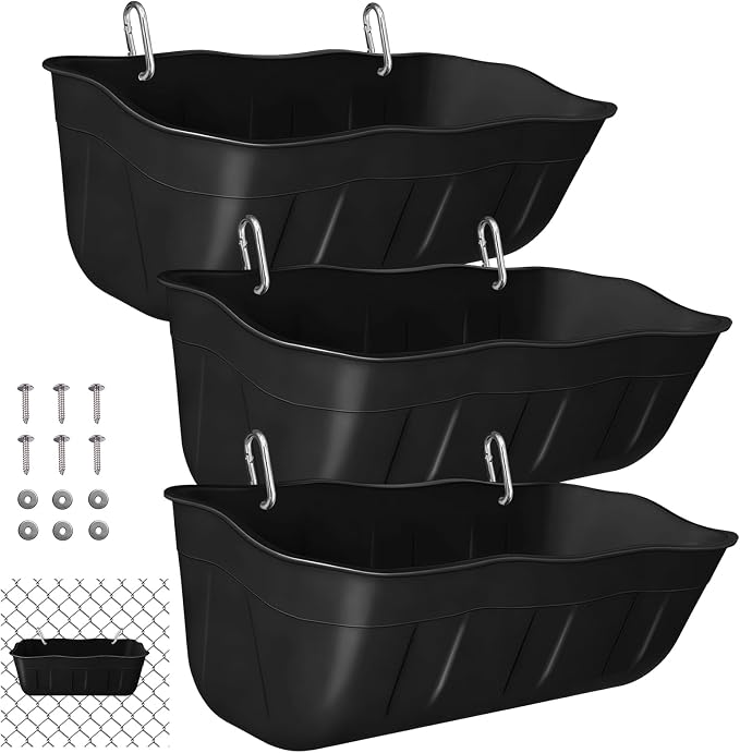 Hanging Chicken Feeders,Duck Feeder Waterer,Small Feed Trough 1.3 Quart 3 Pack,Hanging Fence Feed Trough for Poultry,Black