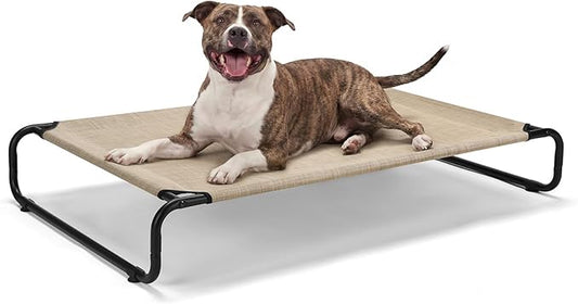 Veehoo Cooling Elevated Dog Bed, Outdoor Dog Bed for Large Dogs, Raised Dog Cot with Thickened Frame, Durable Teslin Mesh & Anti-Slip Rubber Feet, Pet Hammock for Indoor or Camping, 45" x 30", Beige