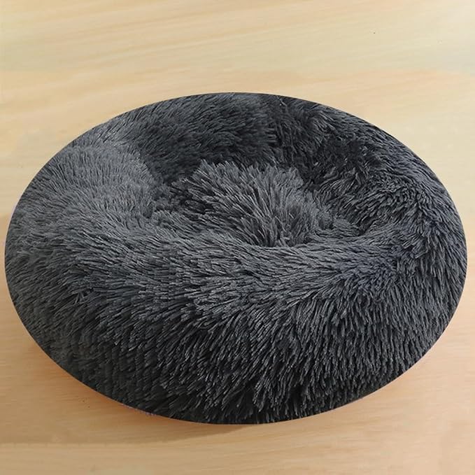 Dog & Cat Bed, 27 Inch Cat Beds for Indoor Cats, Calming Donut Bed for Small Medium Dogs and Cats, Anti-Anxiety Plush Faux Fur Large Cat Beds Washable, Dark Grey