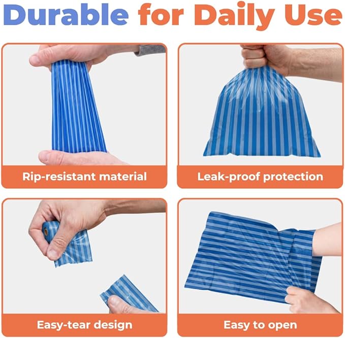 Best Pet Supplies Dog Poop Bags for Waste Refuse Cleanup, Doggy Roll Replacements for Outdoor Puppy Walking and Travel, Leak Proof and Tear Resistant, Thick Plastic - Blue Strips, 240 Bags