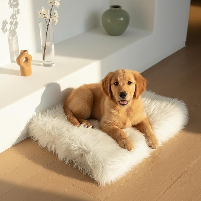 IHAPPYDOG Faux Fur Orthopedic Dog Bed, Memory Foam Rectangular Crate Bed for Large XL Dogs, Plush Furry Bed that Looks Like a Rug, Calming Bed for Senior Dogs, Washable Cover - White, Small 23"x18"