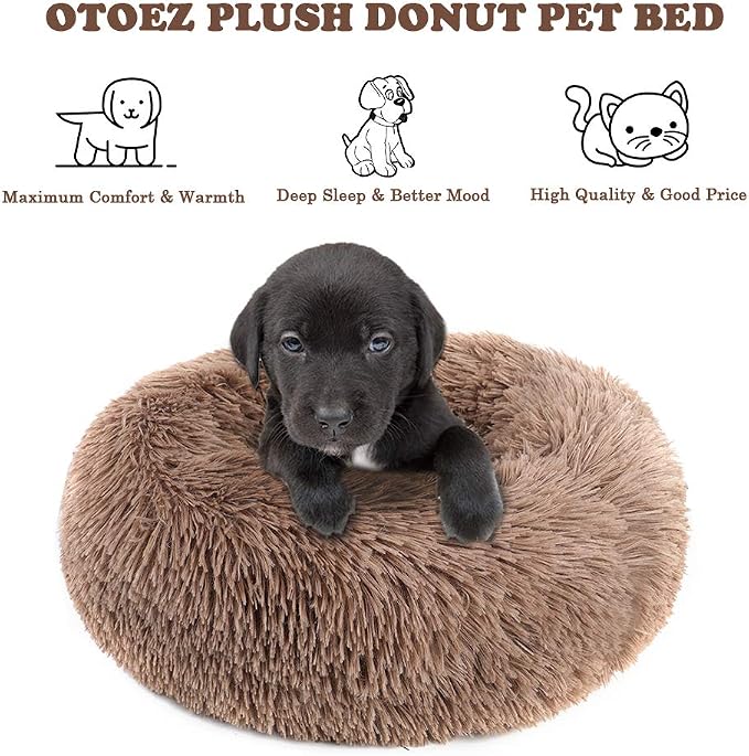 otoez Kitten Puppy Bed Extra Small XS Round Dog Cat Beds Anti Anxiety Plush Pet Calming Donut Bed with Non-Slip Waterproof Bottom, Washable (15.7", Khaki)