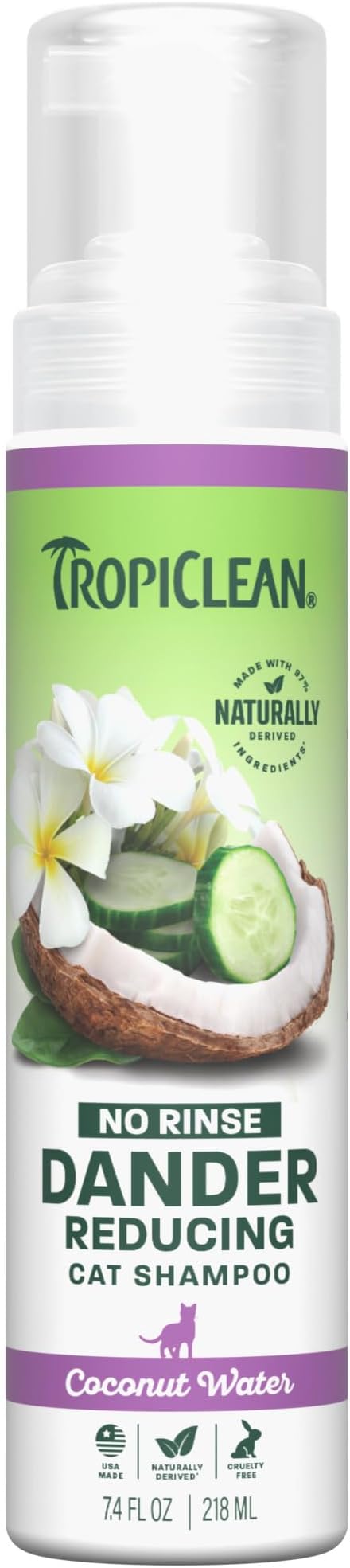 TropiClean No Rinse Waterless Cat Shampoo | Dandruff Treatment | Moisturizing Dry Shampoo for Dry Skin | USA Made | Aqua de Coco Scent | 7.4oz.