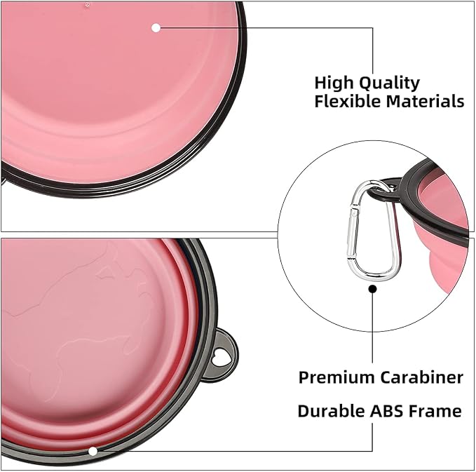 Kytely Large Collapsible Dog Bowls 2 Pack, 34oz Foldable Dog Travel Bowl, Portable Pet Water Food Bowl with Clasp, Pet Cat Feeding Cup Dish for Traveling, Walking, Hiking (Pink+Grey)