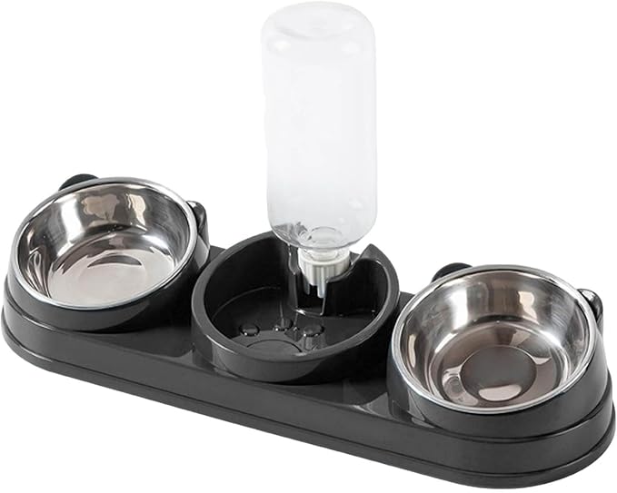 3 in 1 Cat Bowls Pet Feeder with Water Dispenser, 15° Raised Cat Dish Food and Water Bowls Set for Wet/Dry Food, Triple Pet Feeding Station for Rabbit Kitten Bunny (Grey)
