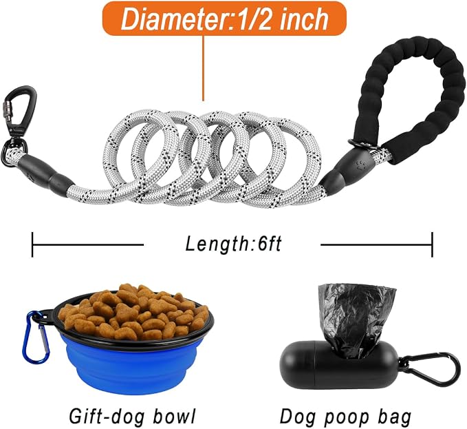 BARKBAY Dog Leashes for Large Dogs Heavy Duty Dog Leash 4/5/6 FT with Comfortable Padded Handle and Highly Reflective Threads for Medium Large Dogs Walking Training Running (6FT-1/2'',Gray)