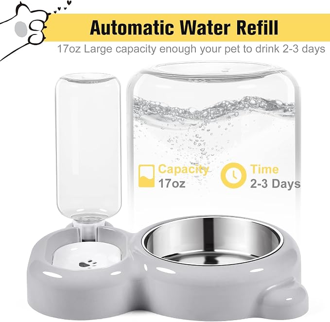 Double Dog Cat Bowls, Cat Food and Water Bowl Set with Auto-Water Dispenser and Stainless Steel Bowl Feeder for Small Size Dogs & Cats, Anti-Slip & Splash Design, Cute Gray