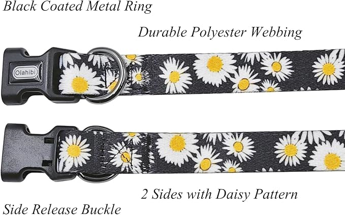 Dog Collar and Leash Set, Cute Daisy Pattern, Polyester Material, 5ft Leash, for Large Dogs.(Large,Black Daisy)