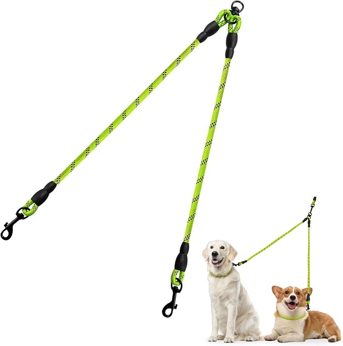 Taglory Double Dog Leash Coupler for Two Dogs, 1/3" Lightweight Dual Leash Extension for Small and Medium Dogs, No Tangle 360° Swivel, Reflective Rope, 30 Inch, Green