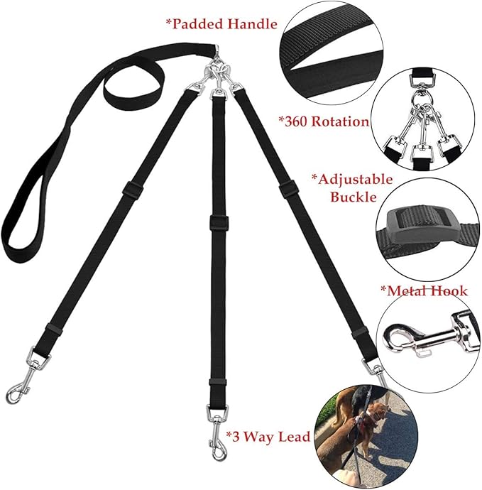 ASOCEA 3 Dog Leash - 3 in 1 Multiple Dog Leash with Detachable Swivel, Soft Padded Handle for Walking and Training Two or Three Dogs (Black)