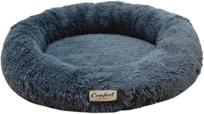 Calming Donut Dog Bed, Gray, Ultra Soft Plush, Round, Anti-Anxiety Bolster, Washable, for Small to Medium Dogs